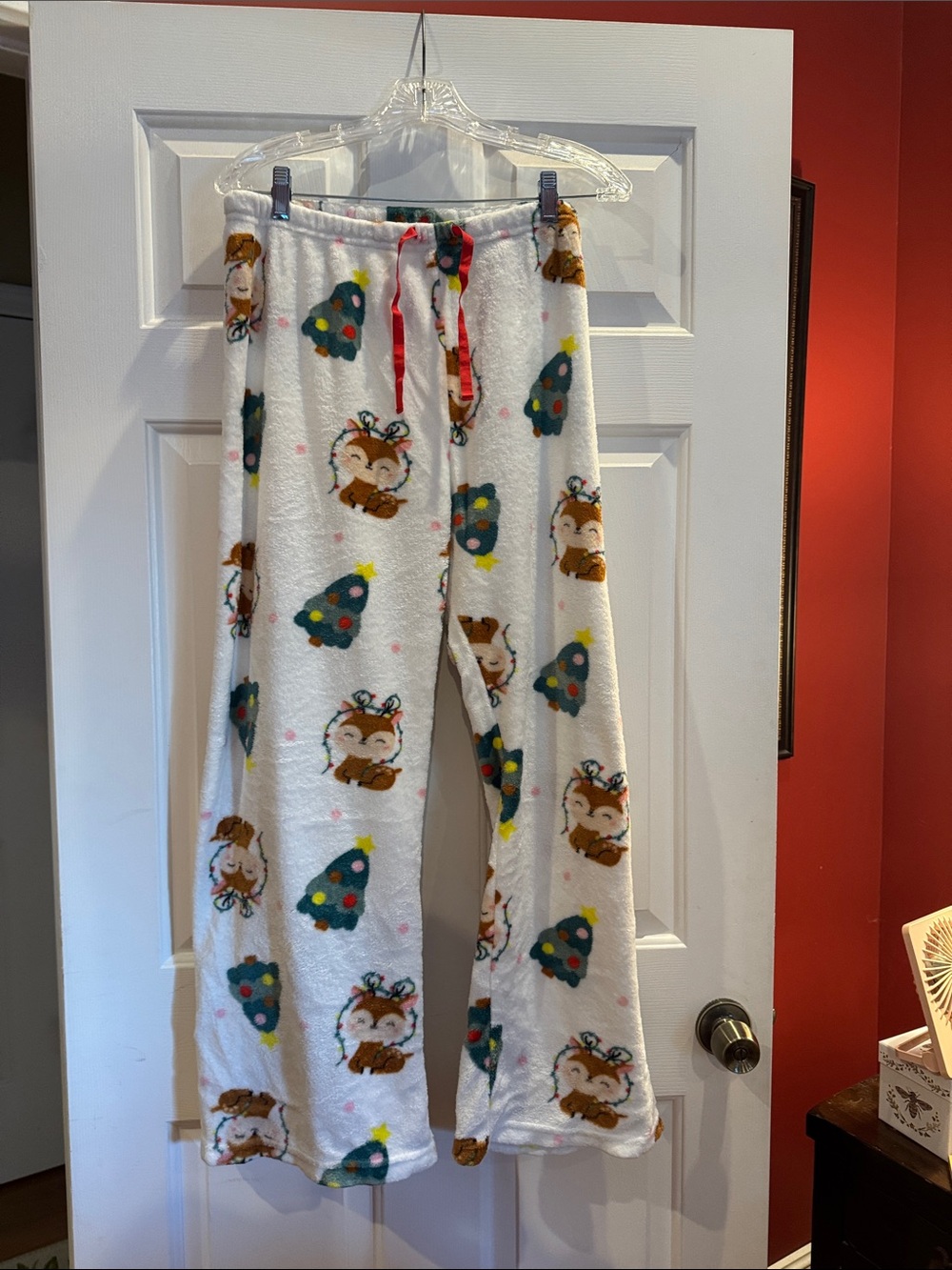 Cozy White Adult Holiday Pajama Pants with Fox & Tree Print